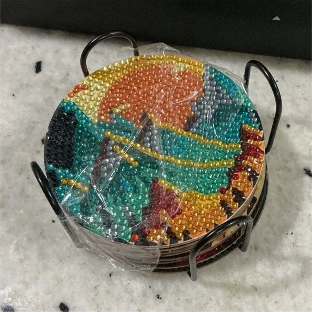 Multicolor Abstract Round Wood Coaster Set of 6 with Holder